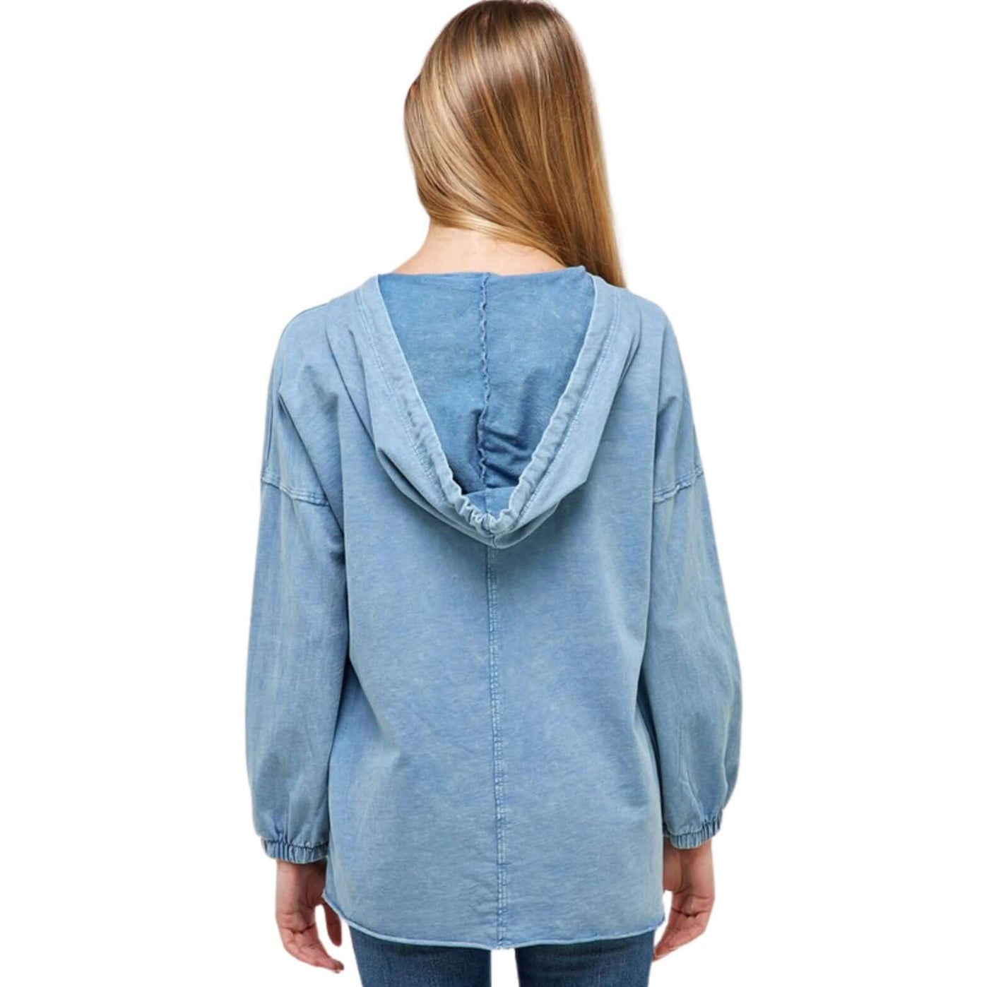 USA made ladies relaxed fit 100% cotton mineral washed tunic with drawstring hoodie Chambray Blue | Classy Cozy Cool Women's Made in America Boutique