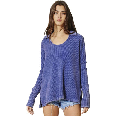 Bucket List Style# T1846| Women's Mineral Washed Cotton Waffle Knit Split Collar Top in Navy | Made in USA | Classy Cozy Cool Women's Made in America Clothing Boutique