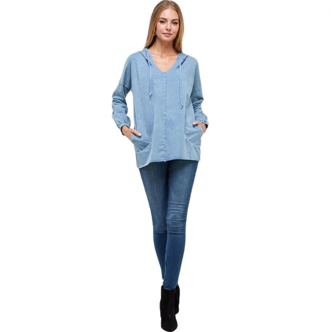 USA made ladies relaxed fit 100% cotton mineral washed tunic with drawstring hoodie Chambray Blue | Classy Cozy Cool Women's Made in America Boutique
