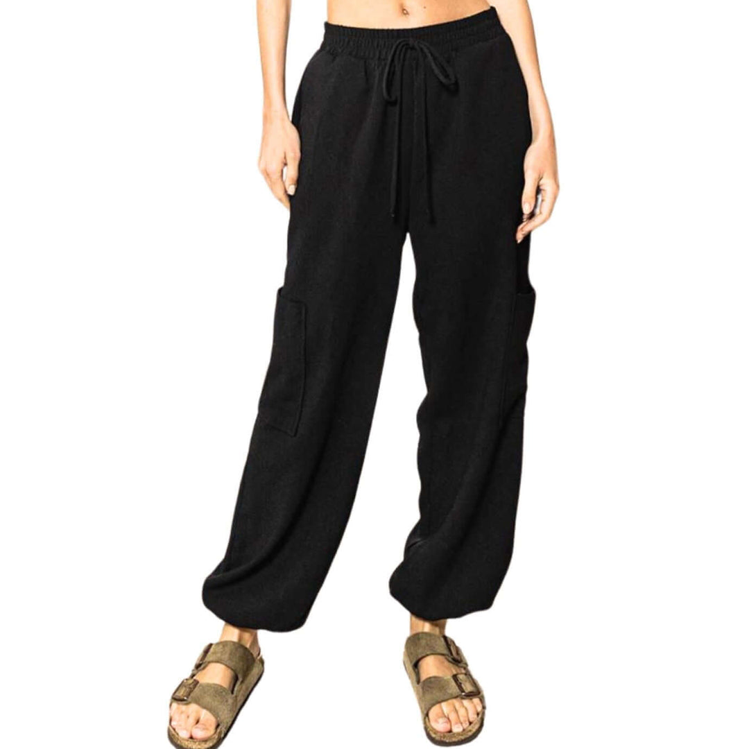 Bucket List Clothing Style# P5311 | Textured Relaxed Fit Cotton Knit Fashion Cargo Joggers in Black | Made in USA | Classy Cozy Cool Women's Made in America Clothing Boutique