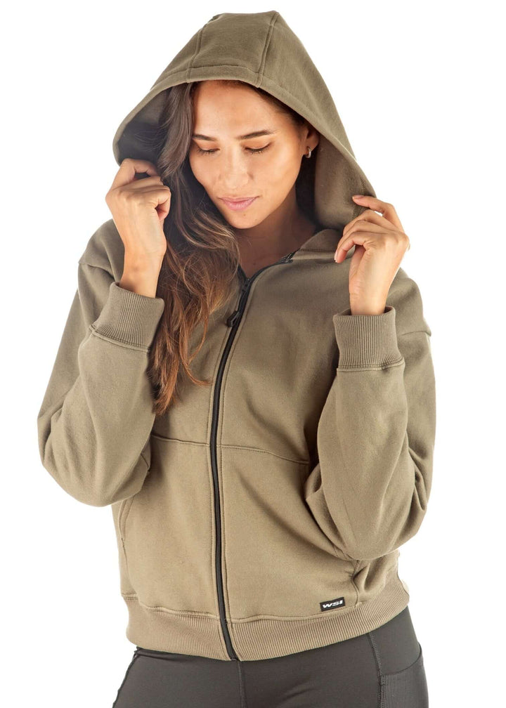 Made in USA WSI Sportswear Women's Cotton HIGHLAND FLEECE FULL ZIP SWEATSHIRT, Medium Weight in Black or Moss Green