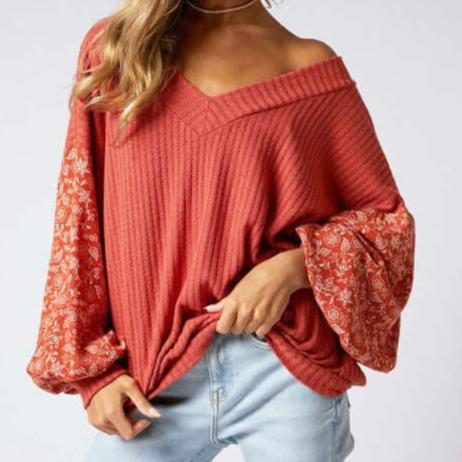 Made in USA Women's Waffle Knit Floral Balloon Sleeve Top ,Wide V-Neck, Oversized Fit, 2-Tone Floral Print Bubble Long Sleeves, Color: Red Clay | Classy Cozy Cool Made in America Boutique