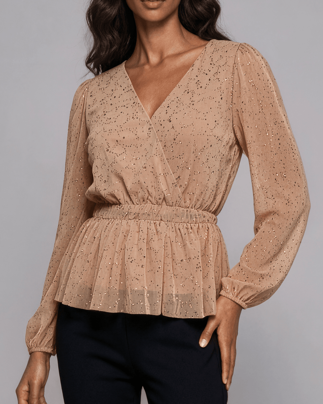 Made in USA |  Women's Peplum Style Glitter Mesh Top with Deep V-Neck & Puff Sleeves in Tan | If She Loves Style IST1320 | Classy Cozy Cool Women's Made in America Boutique