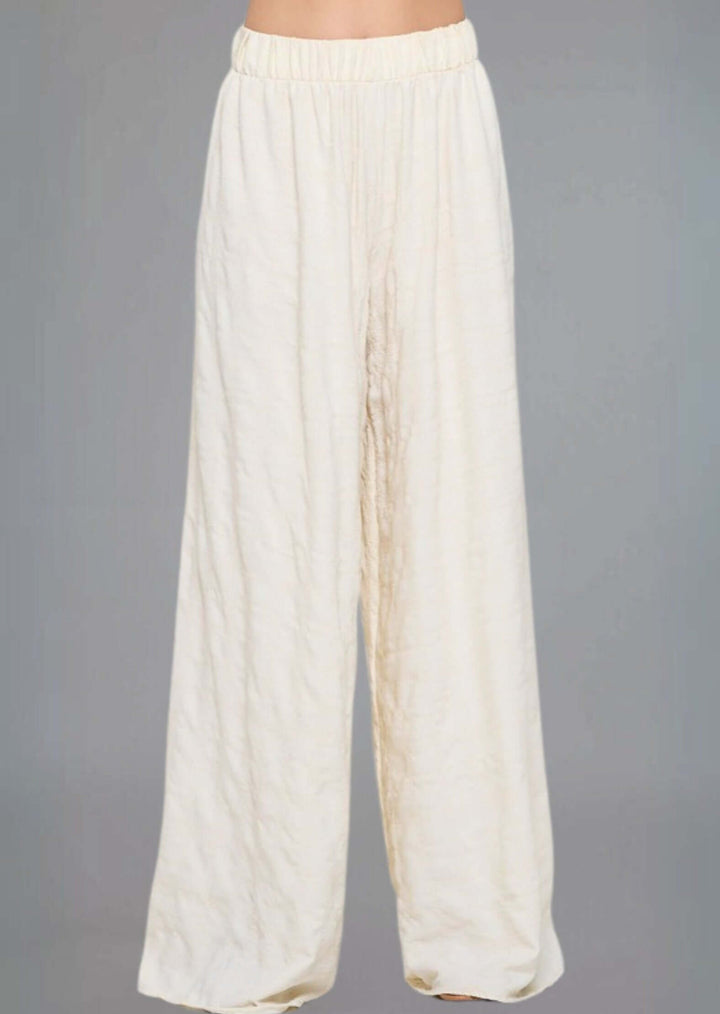 Made in USA Women's Textured Cream Wide Leg Palazzo Pants with Elastic Waist | Renee C Style 4789PT | Classy Cozy Cool Made in America Boutique