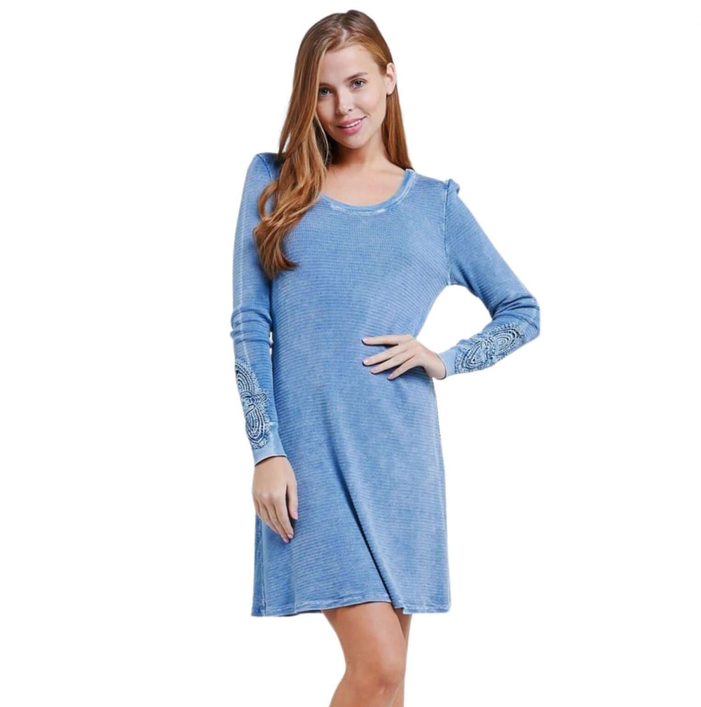 USA Made Ladies Vintage Textured Thermal Crochet Cuff Long Sleeve Cotton Blend Mini Dress in Chambray Blue | Classy Cozy Cool Women's Made in America Clothing Boutique