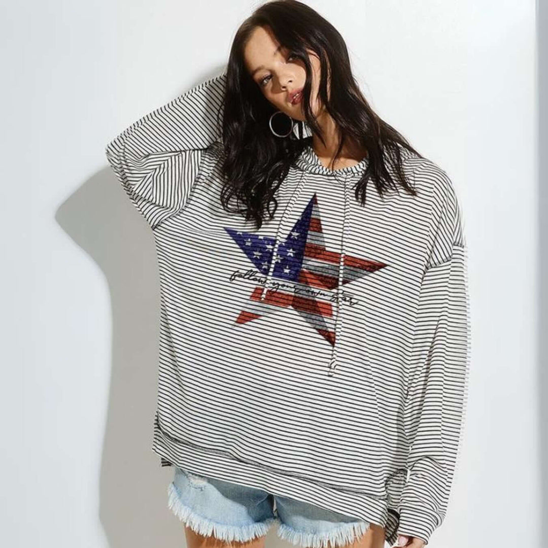 Made in USA  Graphic Lightweight Oversized Hoodie with American Flag Star Graphic, Text Reads: "follow your own star" Black & White Striped Pattern
