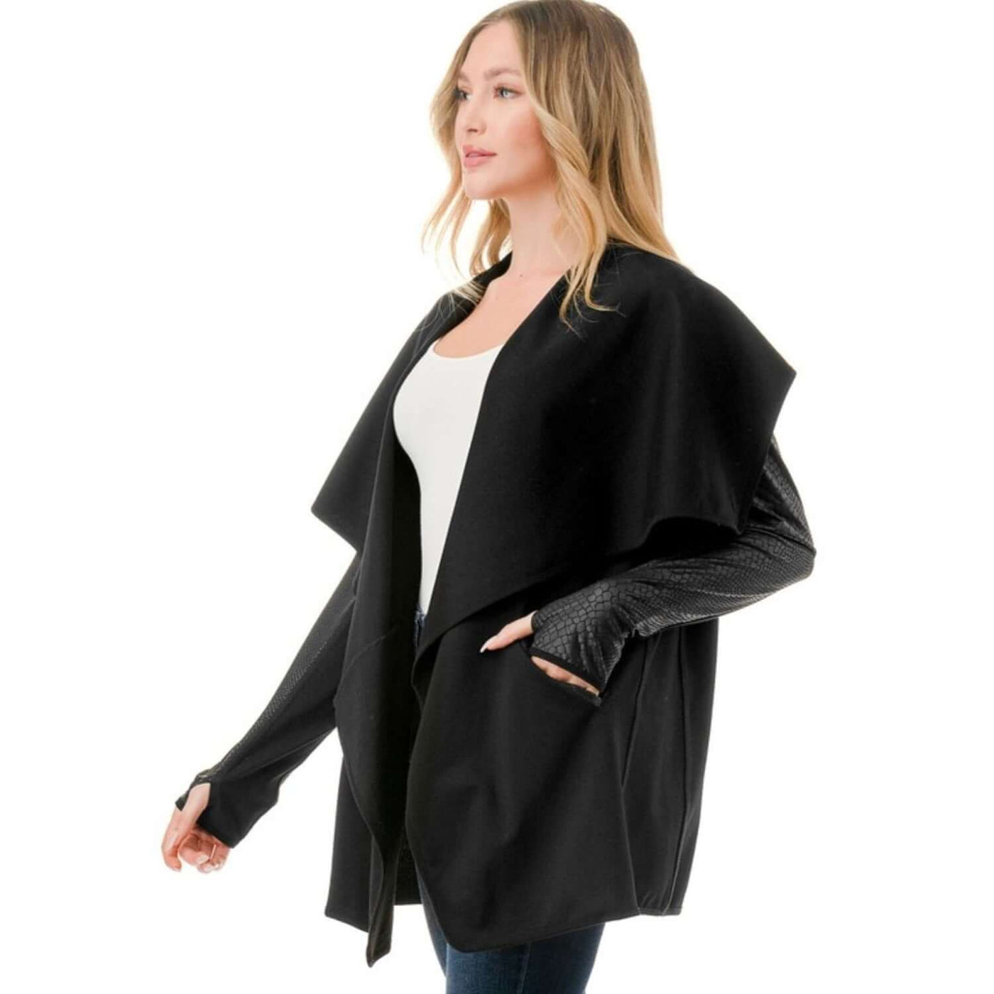 Made in USA Trendy Unique Women's Black Open Front Jacket with Faux Leather Sleeves, Thumbholes, Snap Lapel Closure and Side Pockets | Classy Cozy Cool Women's Made in America Clothing Boutique