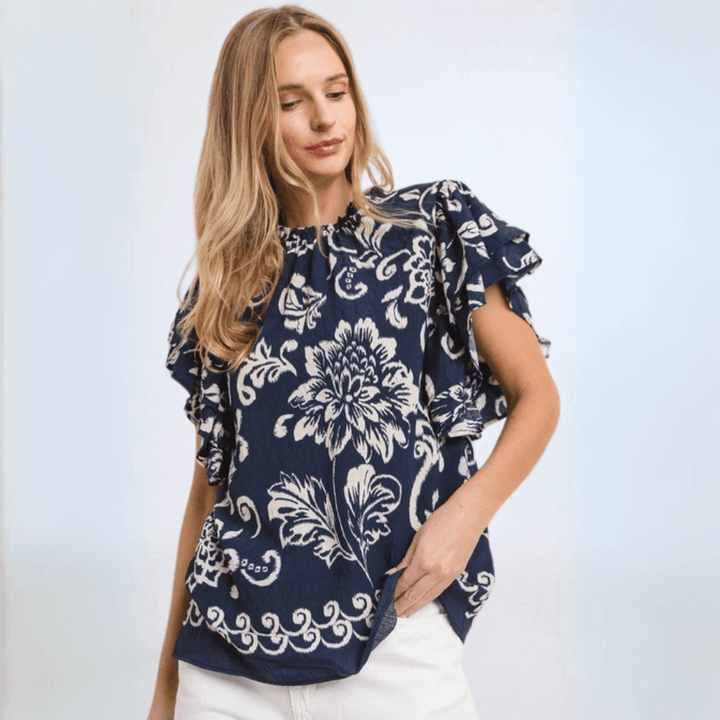 Made in USA Women's Floral Navy Flutter Sleeve Top Comfortable Relaxed Fit | Classy Cozy Cool Made in America Boutique