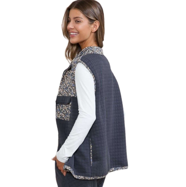 Navy Quilted Vest with Ditsy Floral Detail - Clearance Final Sale