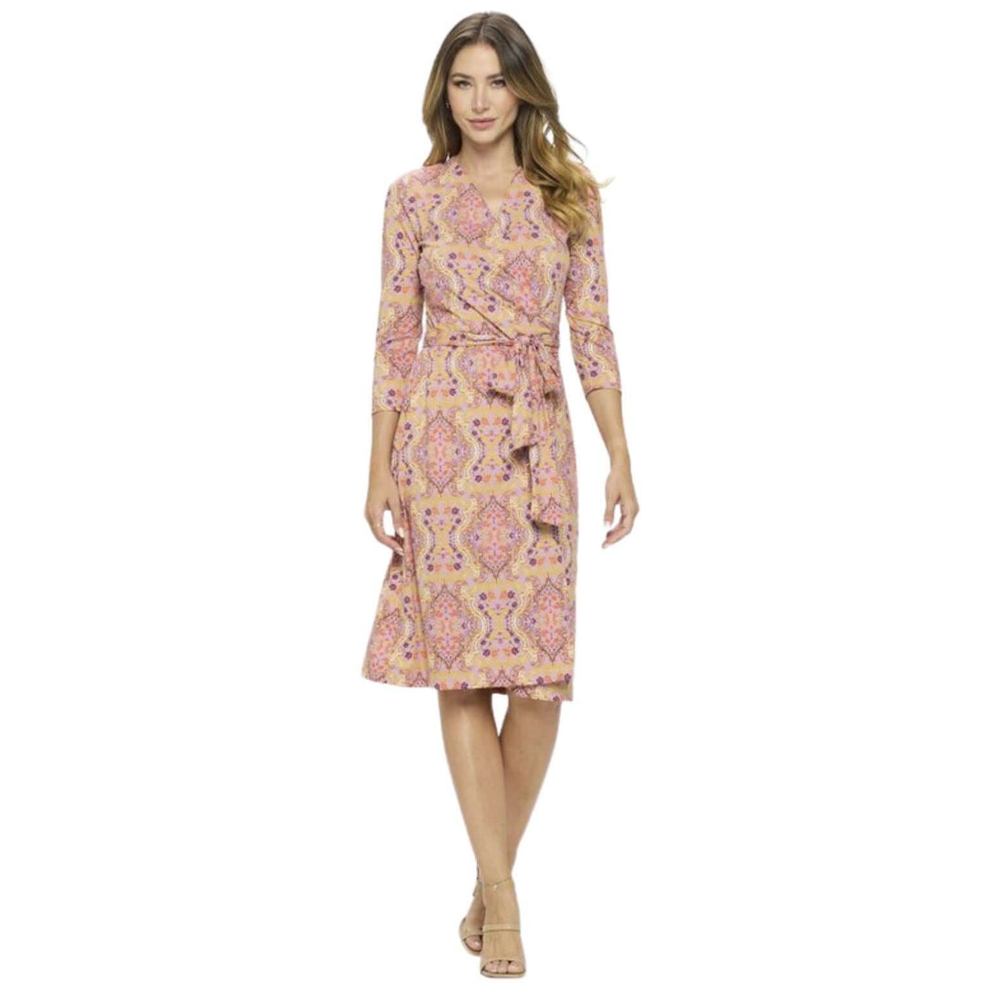 USA Made Beautiful Ladies Pink Lavender & Coral Floral Print Midi Wrap Dress Renee C. Style # 4329DRY | Proudly Made in USA | Classy Cozy Cool Clothing Boutique