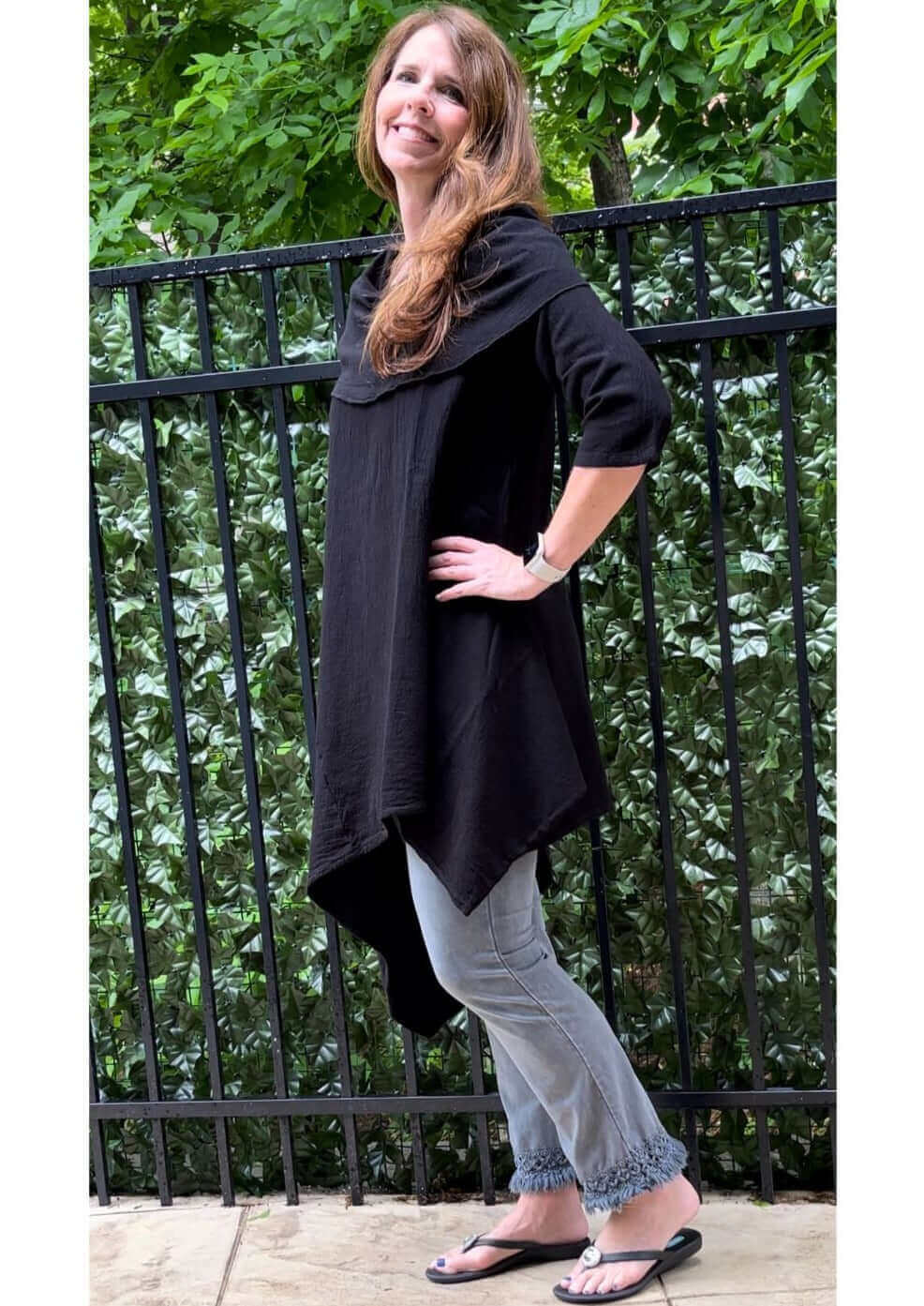Made in USA Women's 100% Cotton Lightweight Asymmetrical Cowl Neck Long Line Tunic in Black | Classy Cozy Cool Women's Made in America Boutique