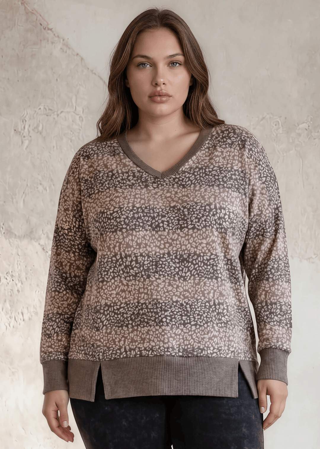Shop this super soft mixed stripe & animal print V-neck sweater top in plus sizes 1X–3X. Relaxed fit, long sleeves, Grey or Mocha. Made in USA. Ladies Oversized Lightweight Super Soft Patterned Striped Top in Shades of Grey | Made in USA | Classy Cozy Cool Women's Made in America Clothing