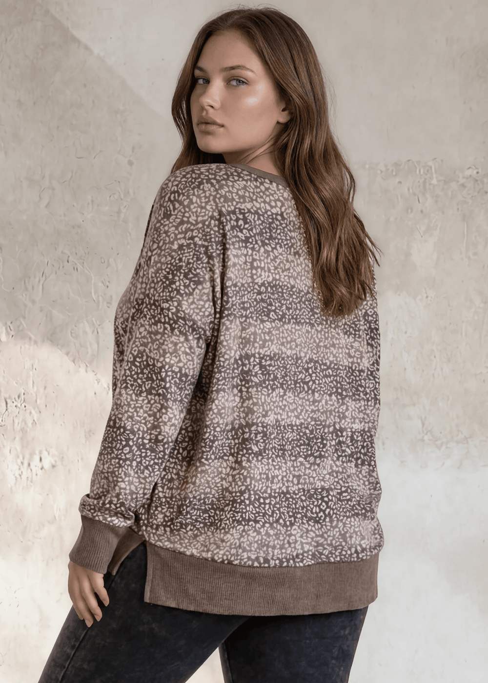 Shop this super soft mixed stripe & animal print V-neck sweater top in plus sizes 1X–3X. Relaxed fit, long sleeves, Grey or Mocha. Made in USA. Ladies Oversized Lightweight Super Soft Patterned Striped Top in Shades of Grey | Made in USA | Classy Cozy Cool Women's Made in America Clothing