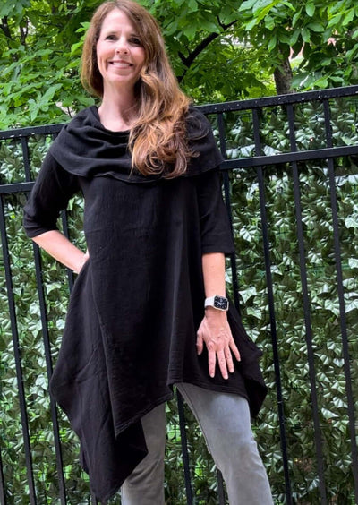 Made in USA Women's 100% Cotton Lightweight Asymmetrical Cowl Neck Long Line Tunic in Black | Classy Cozy Cool Women's Made in America Boutique