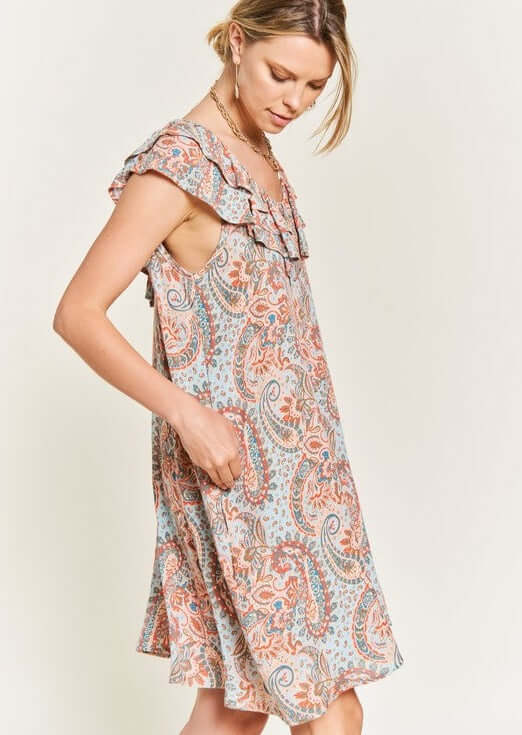USA Made Women's Sleeveless Flare Paisley Mini Dress with Ruffled Trim Neckline in  Pastel Paisley Pattern | Classy Cozy Cool Women's Made in American Boutique