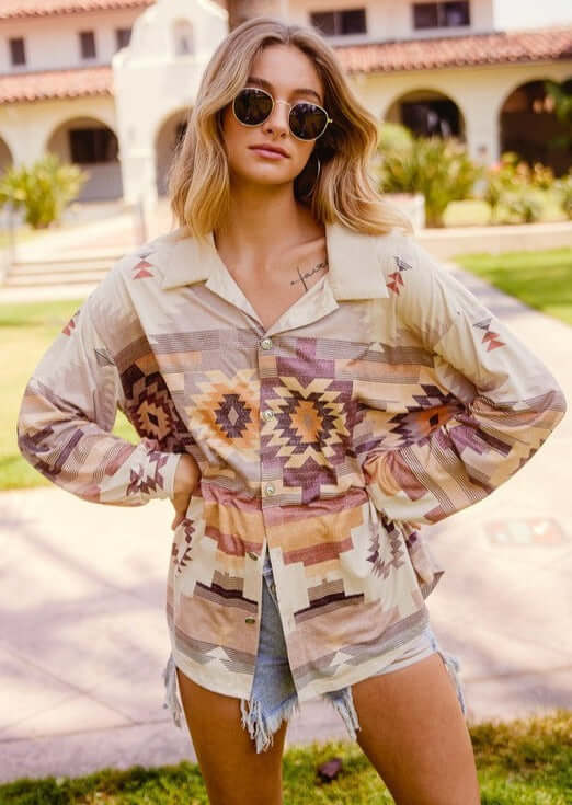 Women's Aztec Design Lightweight Suede Shirt Jacket in Cream Color  | Made in USA | Classy Cozy Cool Made in America Women's Clothing Boutique
