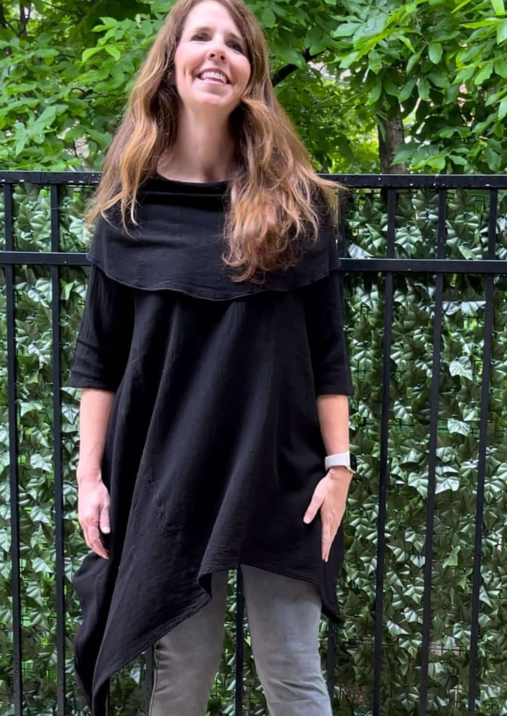Made in USA Women's 100% Cotton Lightweight Asymmetrical Cowl Neck Long Line Tunic in Black | Classy Cozy Cool Women's Made in America Boutique