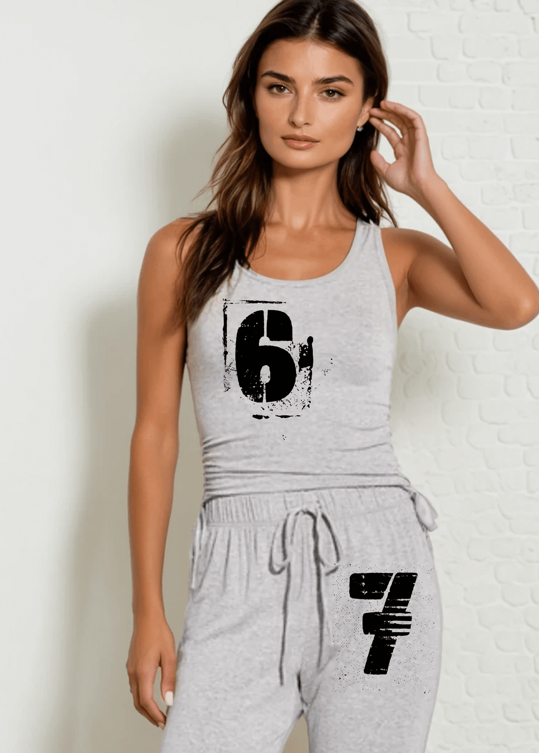 USA Made Women's "6" Six "7" Seven Graphic Soft Brushed Fitted Tank Top and Jogger Set in Heather Gray