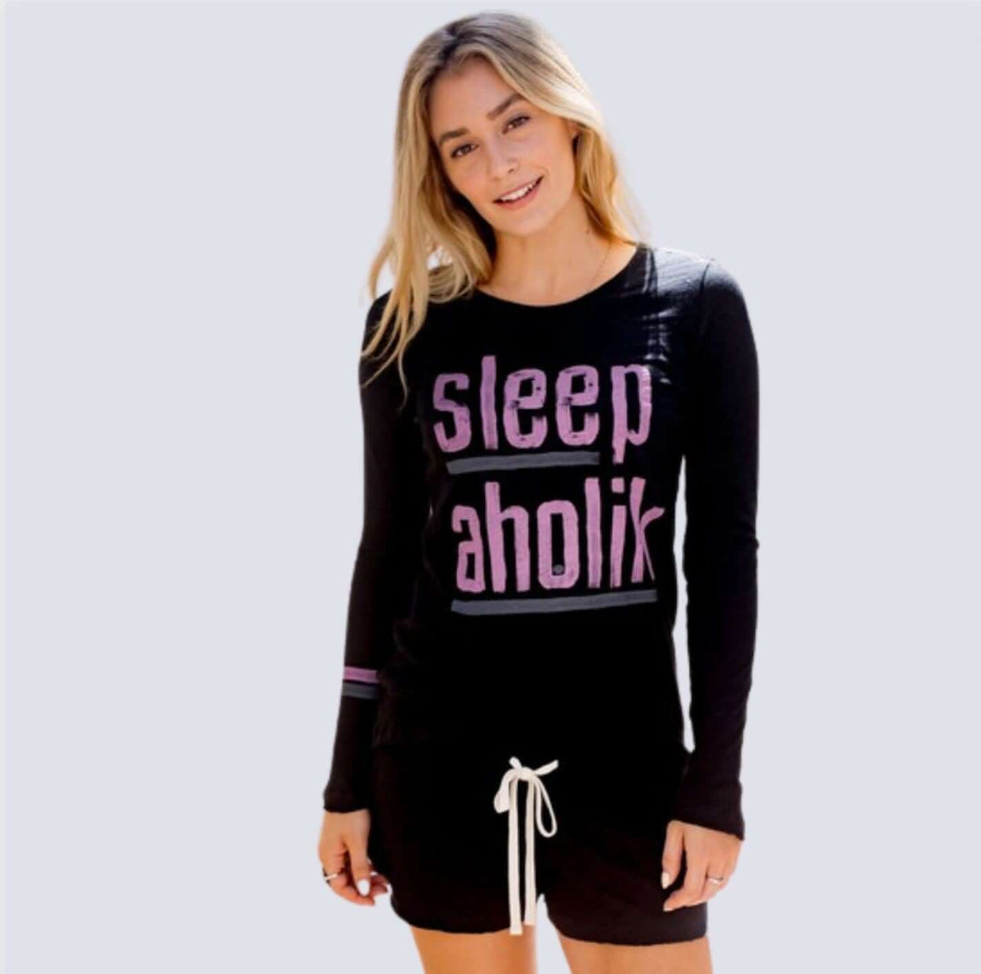 Sleepaholik Long Sleeve Ladies Black Logo Graphic Crew Tee in Black | Vintage Washed USA Made Cotton Fabric | Classy Cozy Cool Women's Made in America Clothing Boutique