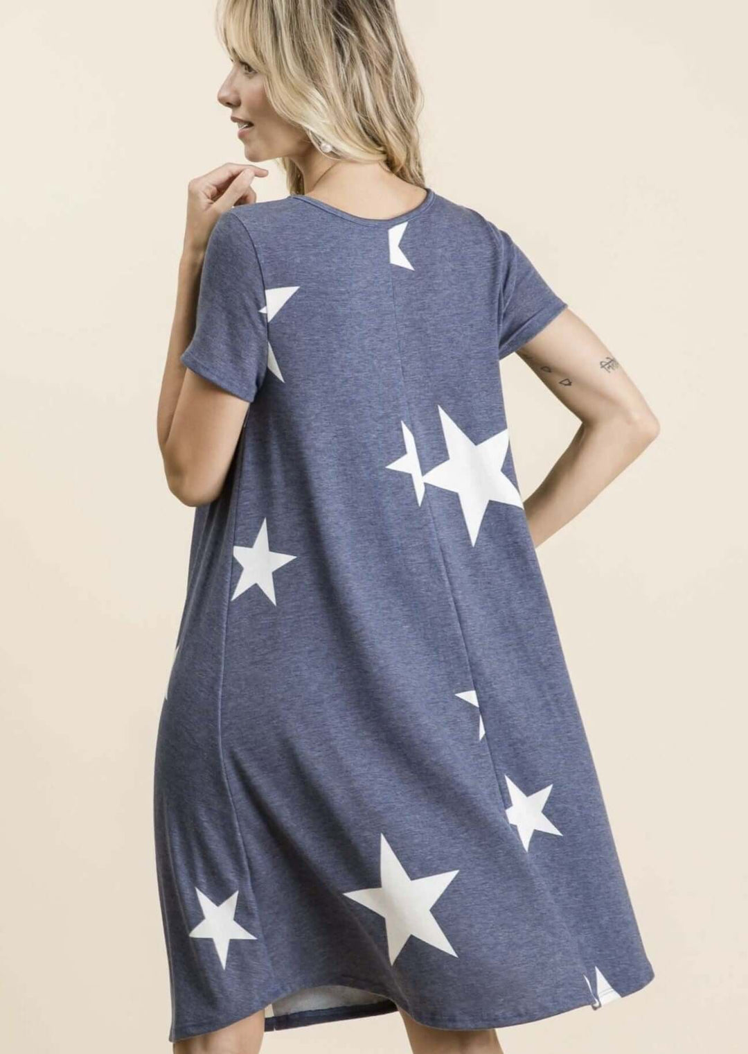 Made in USA Women's Flowy Star Print, Knee Length, Short Sleeves, Round Neckline Washed Navy with White Star Print, Relaxed Fit Dress 