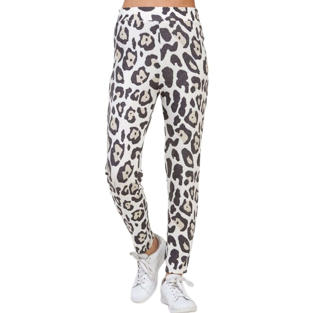 Cheetah sublimation print joggers High waisted with elastic waistband Soft brushed hacci Slim tapered fit Made in Los Angeles, CA Shorter Length