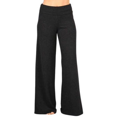 Women's Sleek Hacci Mélange Sweater Knit Pants with Fold Over Waist Band in Black | Chatoyant Style# C30668 | Made in USA | Classy Cozy Cool USA Clothing Boutique