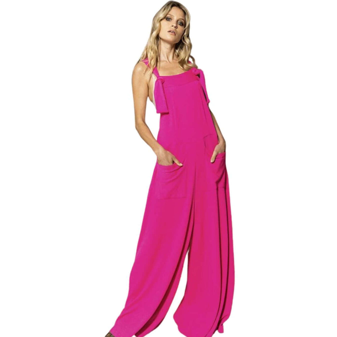 Bucket List Style# R5076 Ladies Fuchsia Oversized Slouchy Overalls Jumpsuit with Adjustable Knot Tie Straps | Made in USA | Class Cozy Cool Women's Made in America Boutique