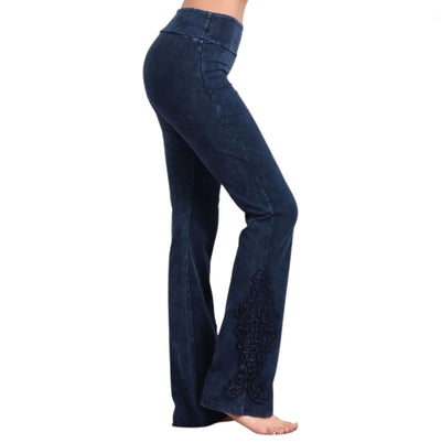 Electric Blue Chatoyant Mineral Washed Boot Cut Jeggings with Crochet Detail Hem Style# C30372 | Women's Fashion Clothing made in USA | Classy Cozy Cool Boutique