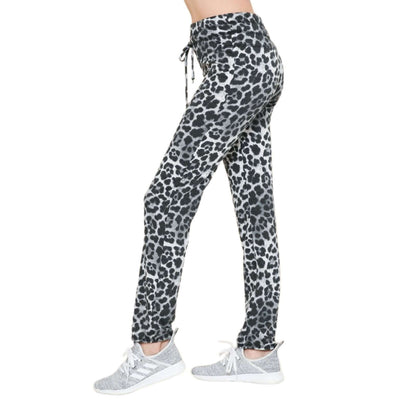 USA Made Women's Jogger Style Pants Leopard Print Pattern Mid-rise Soft Material Material has Stretch Elastic & Drawstring Waistband Full length Slim fit