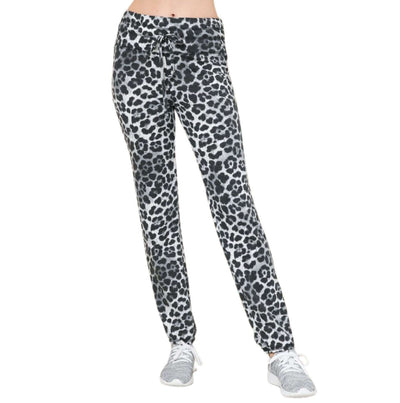 USA Made Women's Jogger Style Pants Leopard Print Pattern Mid-rise Soft Material Material has Stretch Elastic & Drawstring Waistband Full length Slim fit