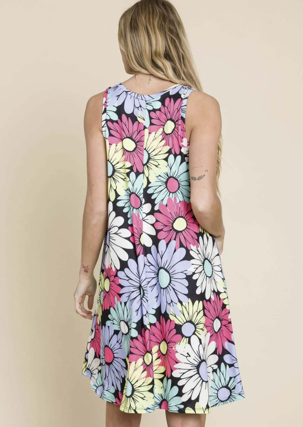 Made in USA Women's Bright Floral Print Mini Dress, Knee Length, Sleeveless, Round Neckline, Super Soft Material, Colorful with Pink, Lavender, White & Aqua