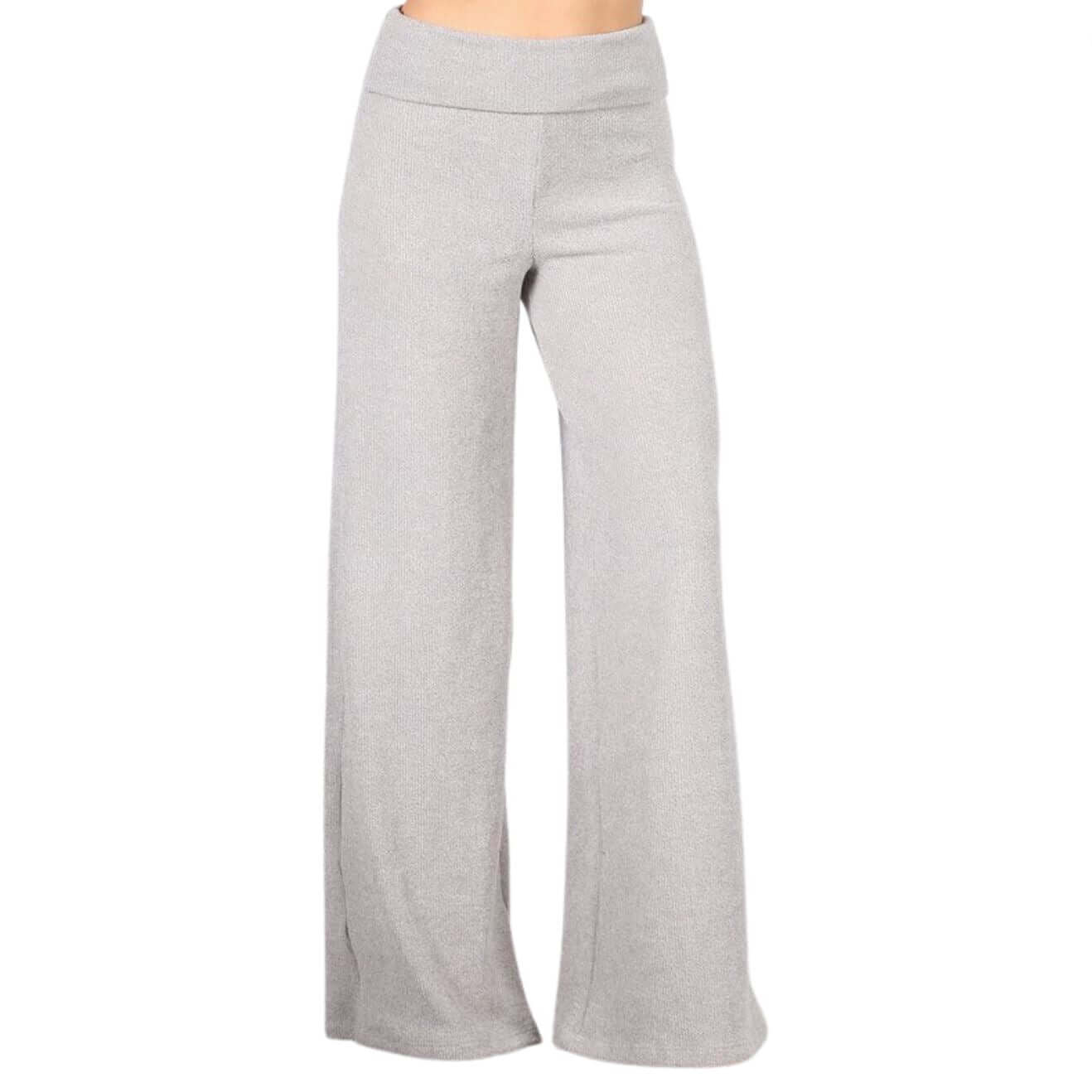Women's Sleek Hacci Mélange Sweater Knit Pants with Fold Over Waist Band in Bone Color | Chatoyant Style# C30668 | Made in USA | Classy Cozy Cool USA Clothing Boutique