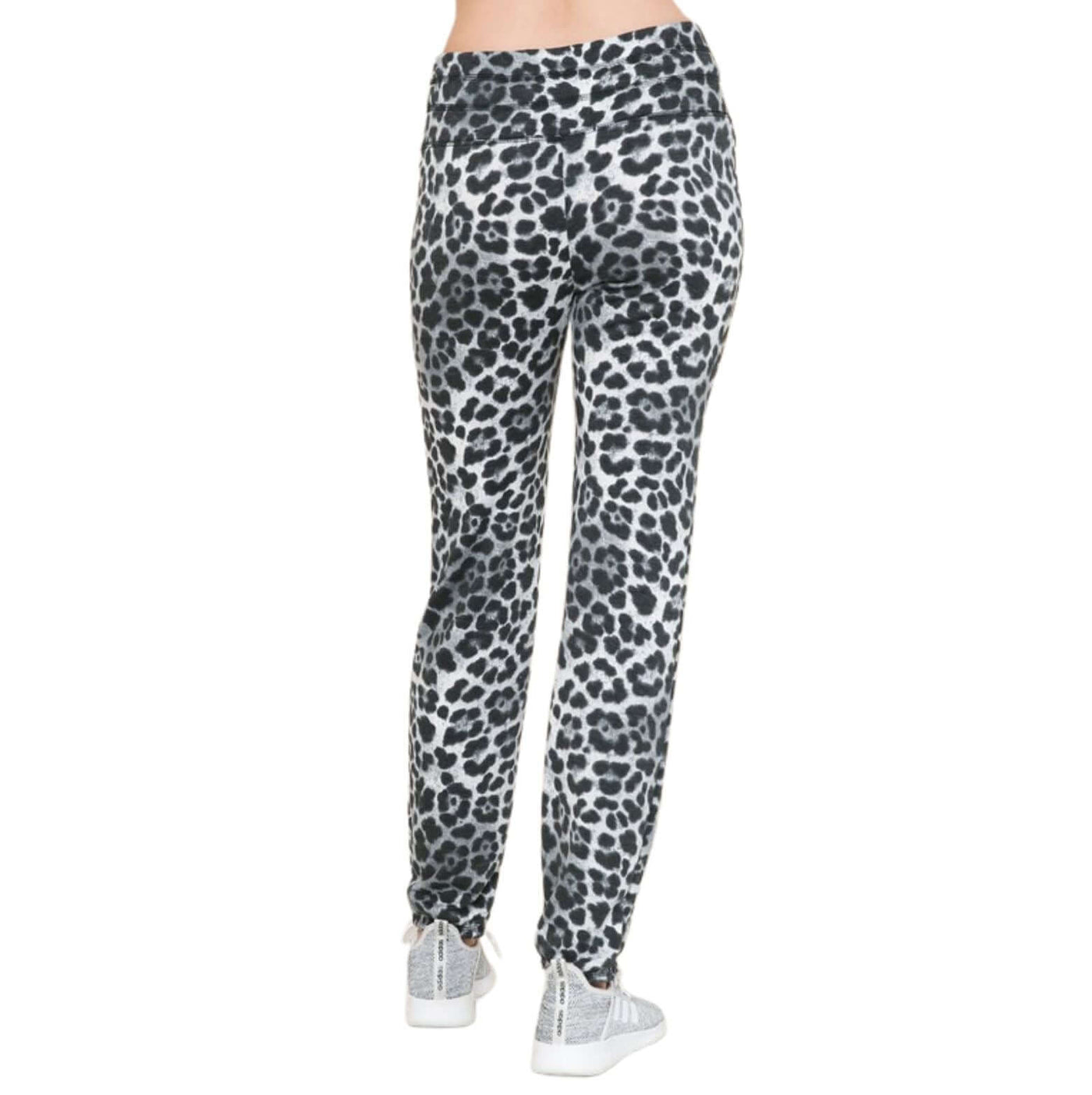 USA Made Women's Jogger Style Pants Leopard Print Pattern Mid-rise Soft Material Material has Stretch Elastic & Drawstring Waistband Full length Slim fit