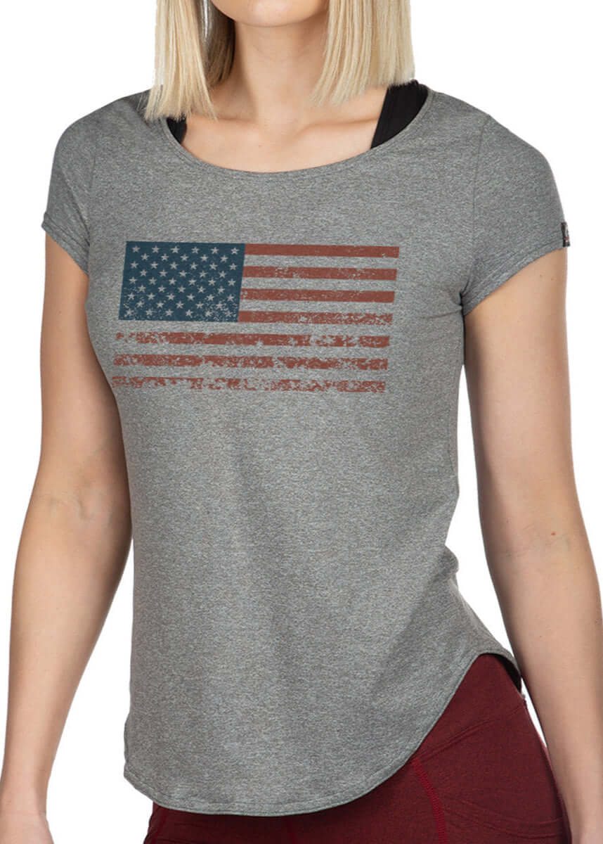 Made in USA WSI Sportswear Women's Patriot  American Flag Graphic SoftTECH™  Cap Sleeve T-Shirt in Heather Gray