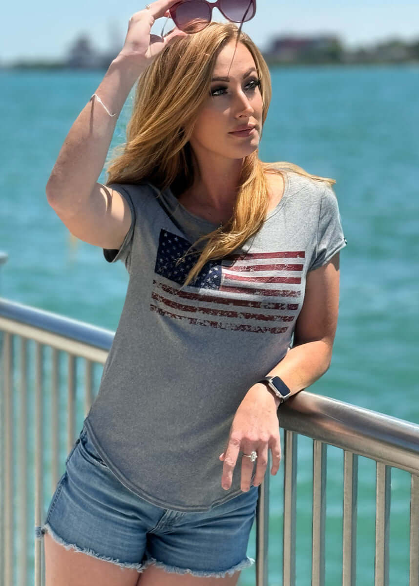 Made in USA WSI Sportswear Women's Patriot  American Flag Graphic SoftTECH™  Cap Sleeve T-Shirt in Heather Gray