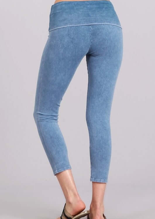 Made in USA Light Denim Mineral Washed Pull On Capri Leggings Tummy control wide fold-over waistband | Classy Cozy Cool Women's American Boutique