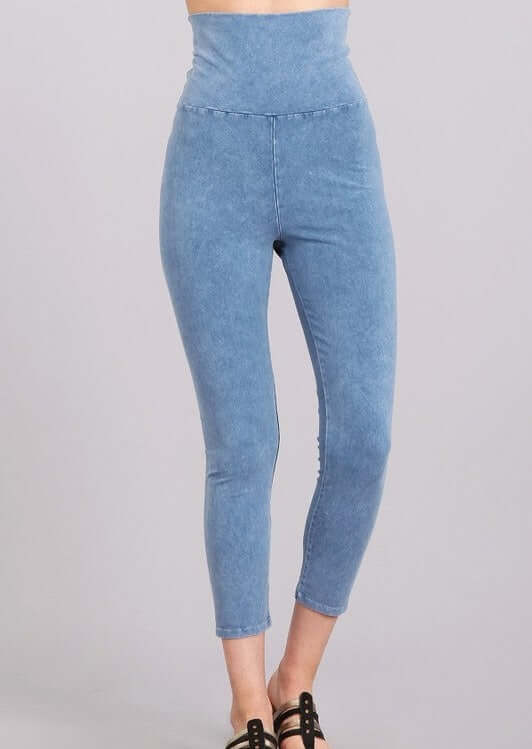 Made in USA Light Denim Mineral Washed Pull On Capri Leggings Tummy control wide fold-over waistband | Classy Cozy Cool Women's American Boutique