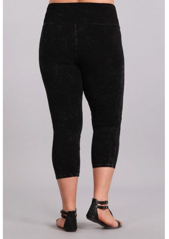 American Made Plus Size Ladies Black Mineral Washed Pull On Capri Leggings with Tummy Control Fold Over Waist |  Chatoyant C30249 | Classy Cozy Cool Women's American Boutique