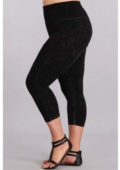 American Made Plus Size Ladies Black Mineral Washed Pull On Capri Leggings with Tummy Control Fold Over Waist |  Chatoyant C30249 | Classy Cozy Cool Women's American Boutique
