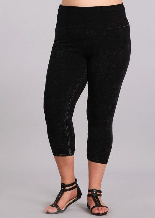 American Made Plus Size Ladies Black Mineral Washed Pull On Capri Leggings with Tummy Control Fold Over Waist |  Chatoyant C30249 | Classy Cozy Cool Women's American Boutique