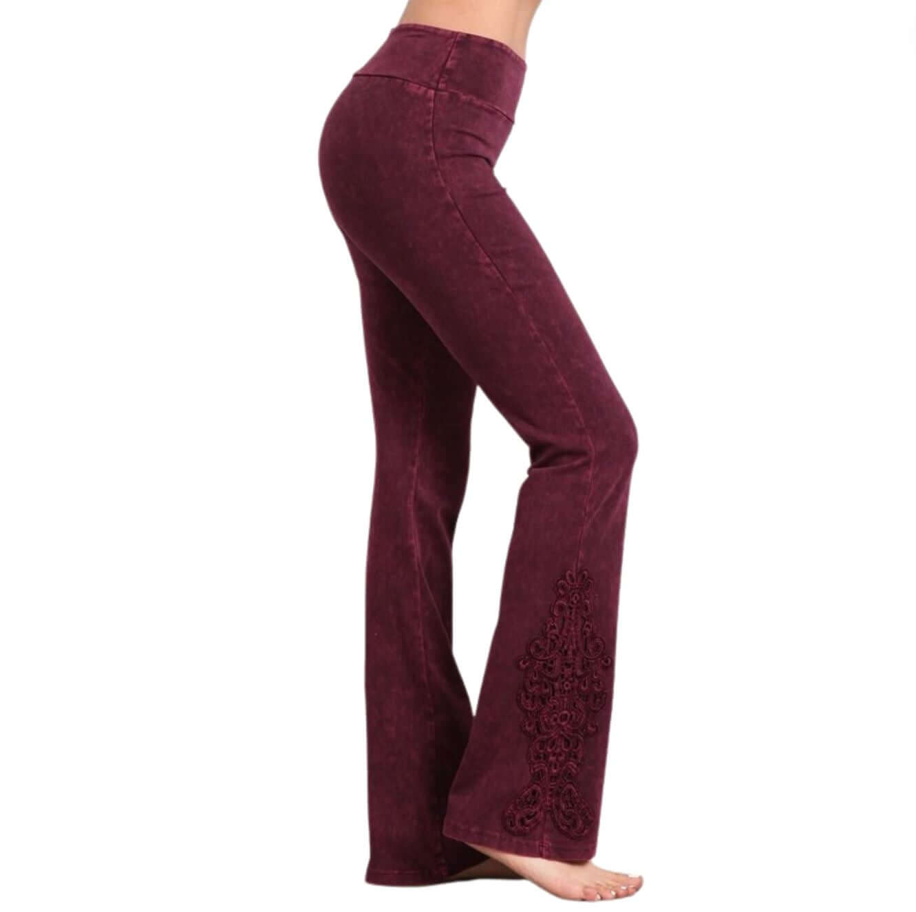 Chatoyant Mineral Washed Boot Cut Jeggings with Crochet Detail Hem Style# C30372 | Women's Fashion Clothing made in USA | Classy Cozy Cool Boutique