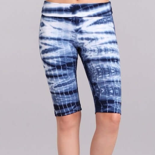 Ladies Mineral Washed Tie Dye Blue Knee Length Biker Shorts | Chatoyant Style# C30330 | Made in USA | Classy Cozy Cool Women's Made in America Boutique
