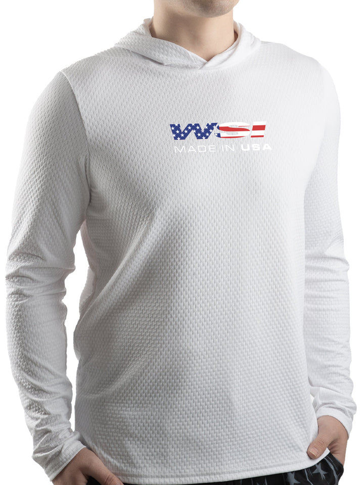 Made in USA. WSI Sportswear Men’s Illusion Mesh Sun Hoodie. Moisture Control. Breathable. Lightweight. Built-in UPF 50 Sun Protection. White Longsleeve.