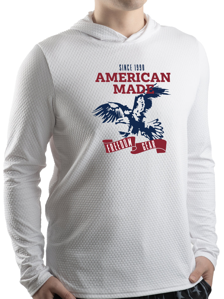 Made in USA. WSI Sportswear Men’s Illusion Mesh Sun Hoodie. Moisture Control. Breathable. Lightweight. Built-in UPF 50 Sun Protection. White Longsleeve.