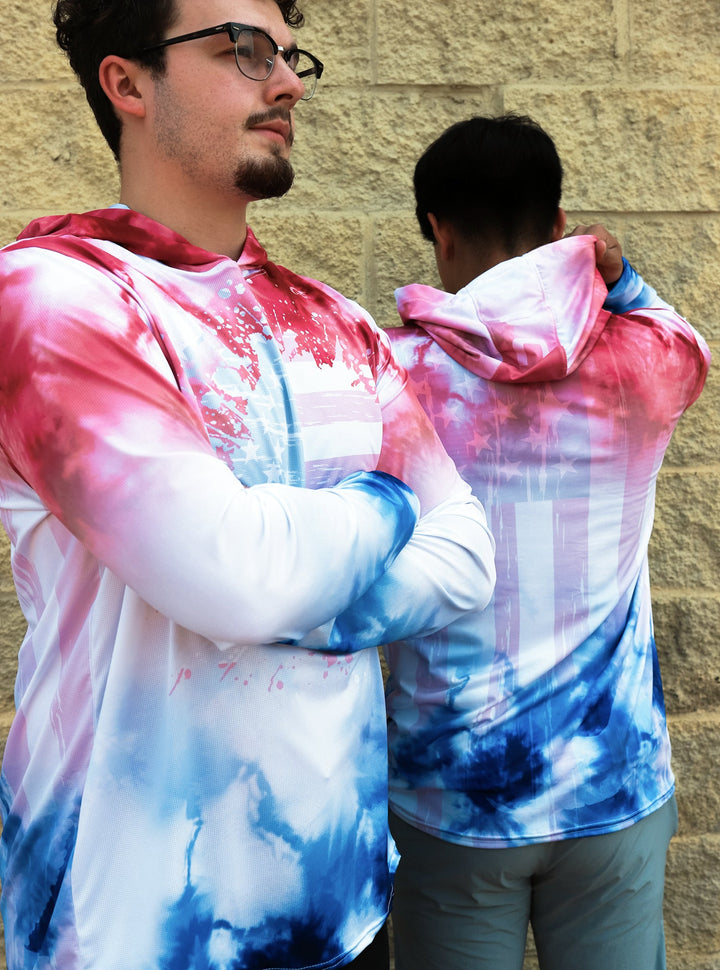 Made in USA. WSI Sportswear Men’s Limited Edition USA Performance Mesh Sun Hoodie. Lightweight. Built-in UPF 50 for sun protection. Patriotic Colors.