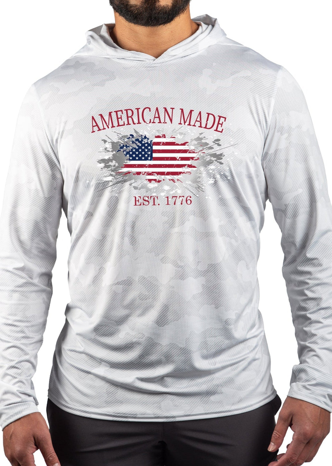 Made in USA WSI Sportswear Men’s American Made Performance Mesh White Out Sun Hoodie. Light Gray, Lightweight, Built-in Sun Protection.