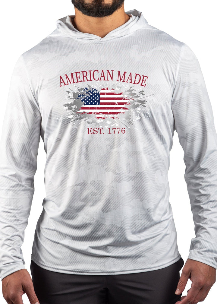 Made in USA WSI Sportswear Men’s American Made Performance Mesh White Out Sun Hoodie. Light Gray, Lightweight, Built-in Sun Protection.
