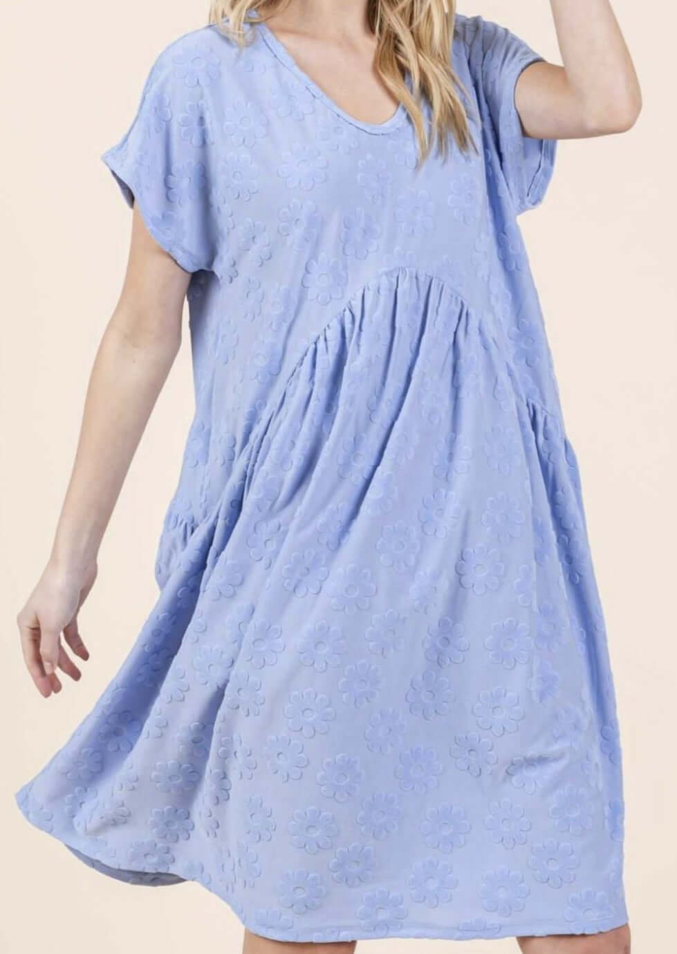 Made in USA Soft Textured Daisy Detail Dress, Above the Knee Length, Short Sleeves, Round Neckline, Soft Stretchy Material, Blue with Raised Daisy Texture Detail