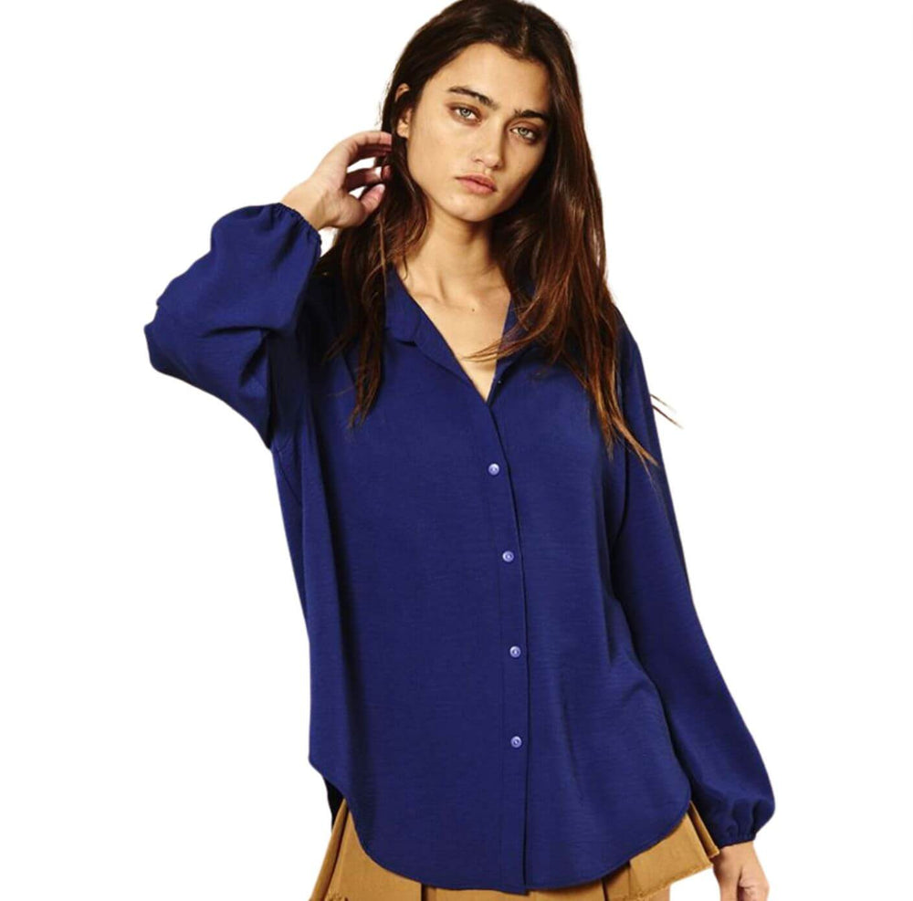 Bucket List Style# T1943 | Ladies Solid Dressy Button Down Top with Bubble Sleeves in Navy Color | Made in USA | Classy Cozy Cool American Made Women's Clothing Boutique