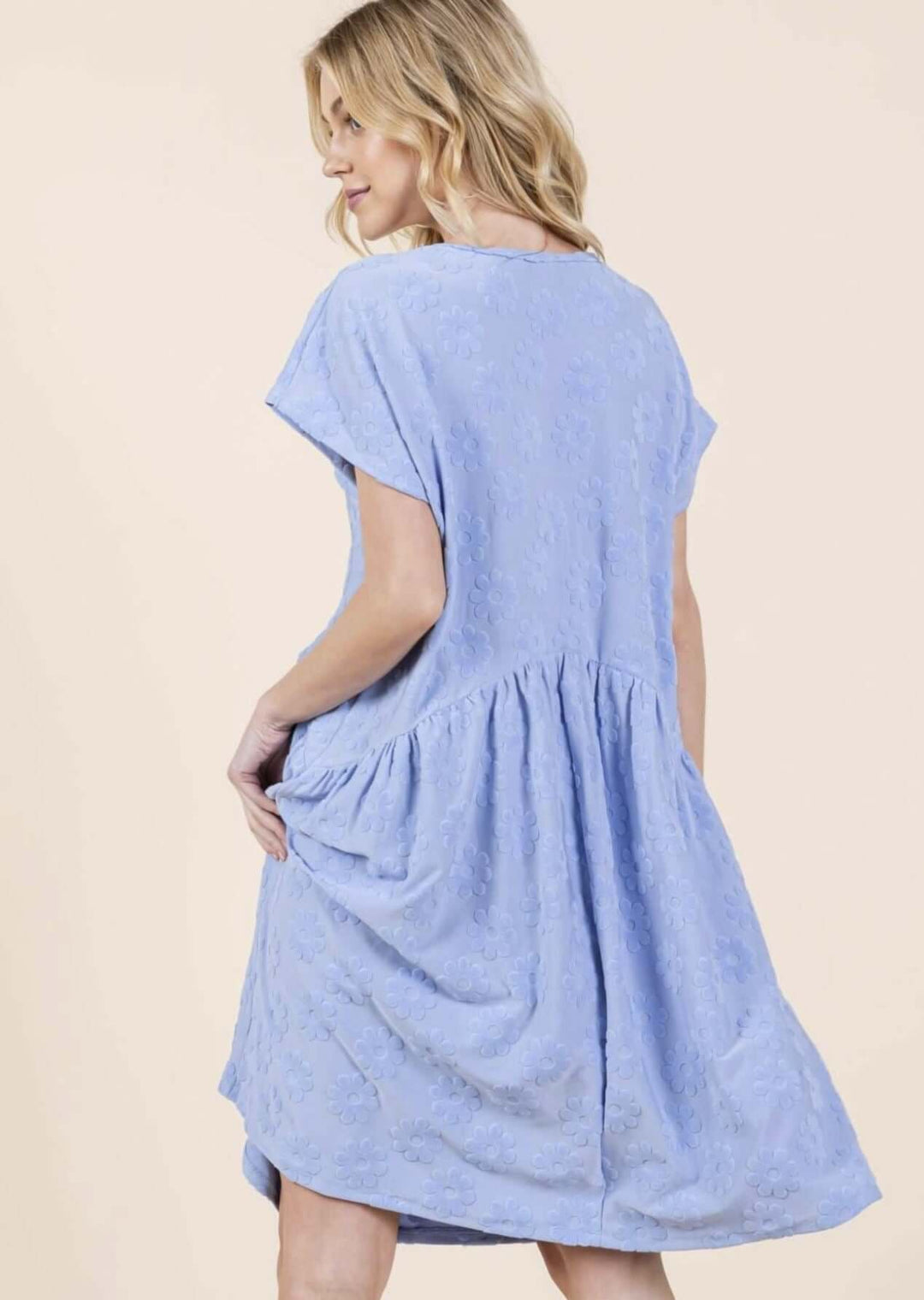 Made in USA Soft Textured Daisy Detail Dress, Above the Knee Length, Short Sleeves, Round Neckline, Soft Stretchy Material, Blue with Raised Daisy Texture Detail